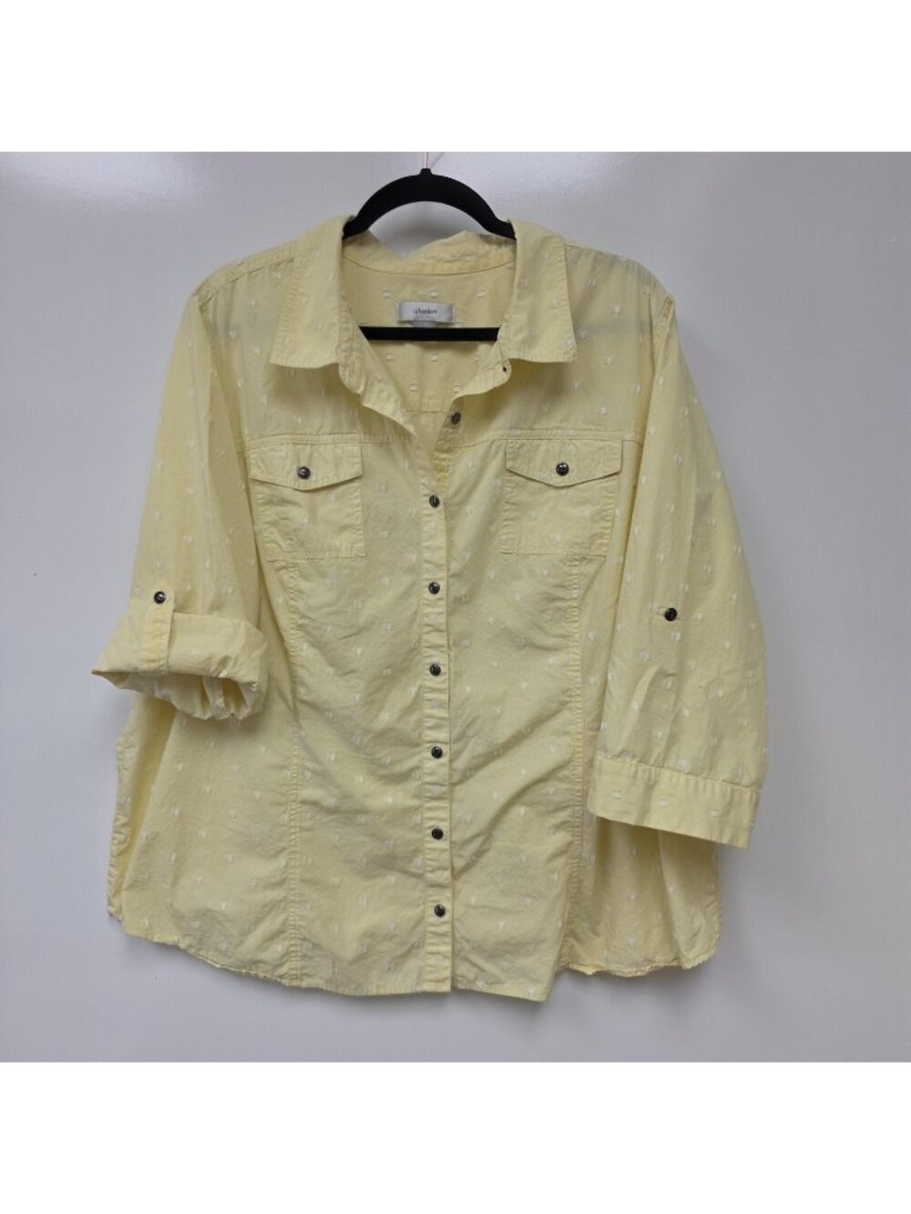 CJ Banks Shirt Womens 3X Yellow Geometric Button Front Roll Tab Sleeve Top